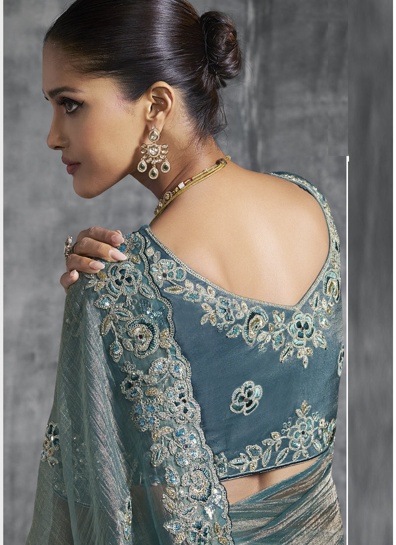 Vegaa Fashion Turquoise Silk Embroidered Wedding Wear Saree | Grocsy