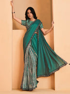 Sea Green Satin Crepe Silk Sequence Embroidered Saree With Unstitched Blouse - Mohmanthan Yavanika | Grocsy