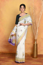Very Much Indian Handblock Printed Cotton Saree With Natural Dyes - White | Grocsy