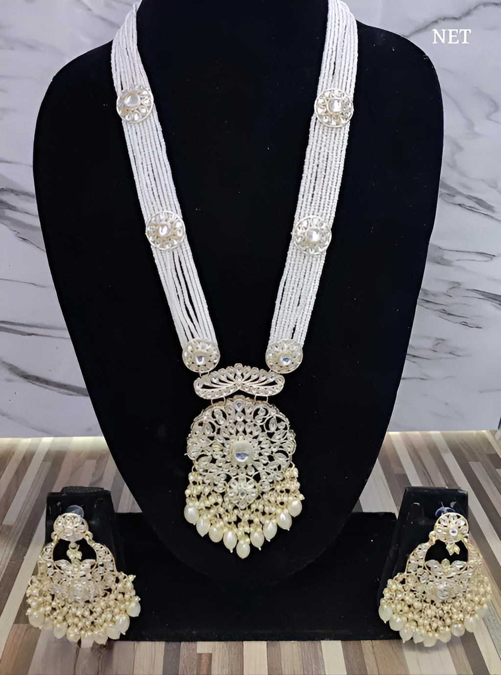 Jewel City Elegant Multi-Layered Pearl Necklace Set with Intricate Silver Pendant and Earrings | Grocsy