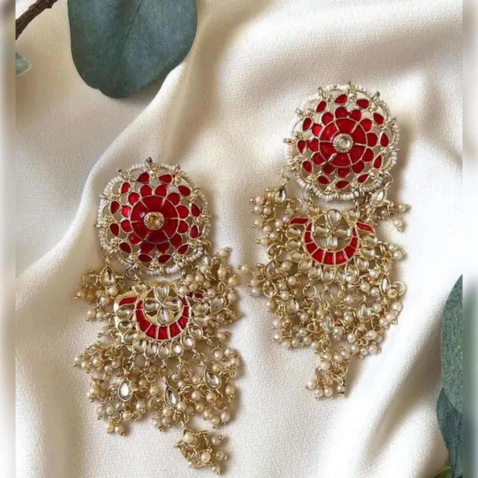 Jewel City Exquisite Polki Kundan Stone and Pearl Earrings - Regal Ethnic Bridal Jewelry | Grocsy