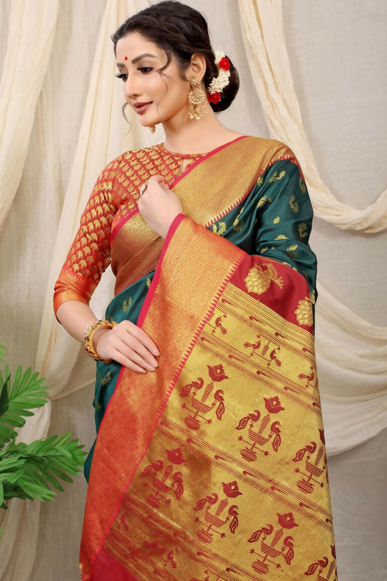 Jyoti Fashion Women's Bottle Green Banarasi Silk Zari Woven Saree with Blouse | Grocsy