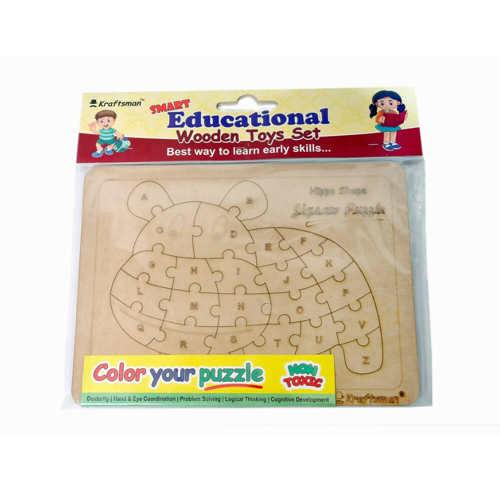 Kraftsman English Alphabets Wooden Jigsaw Puzzles Hippo Shape Puzzle | Color Kit Included | Grocsy