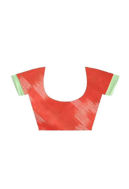 Mominos Fashion Moeza Light Green & Red Bhagalpuri Handloom Ikat Pure Cotton Saree with unstitched Blouse piece | Grocsy