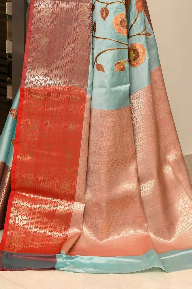 Joban Fashion CGren & Orange Saree Kataan Applick Witch Mirror | Grocsy
