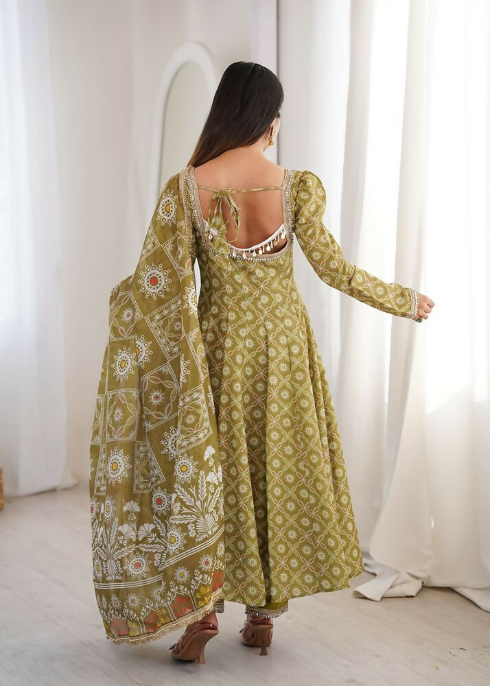 Teeya Creation Olive Green Floral Printed Anarkali Suit with Detailed Square Neckline | Grocsy