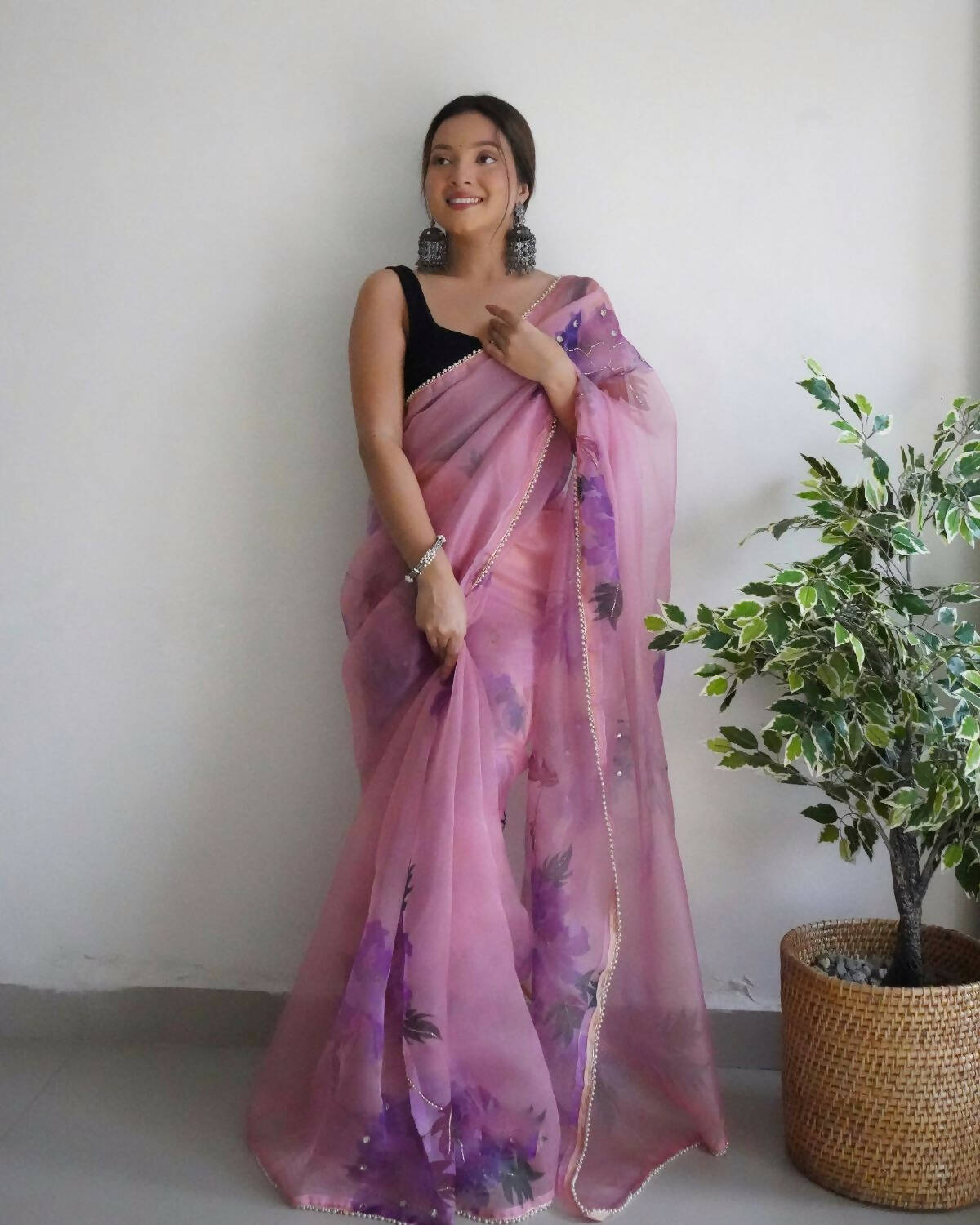 Vamsee Pink Organza Saree | Grocsy