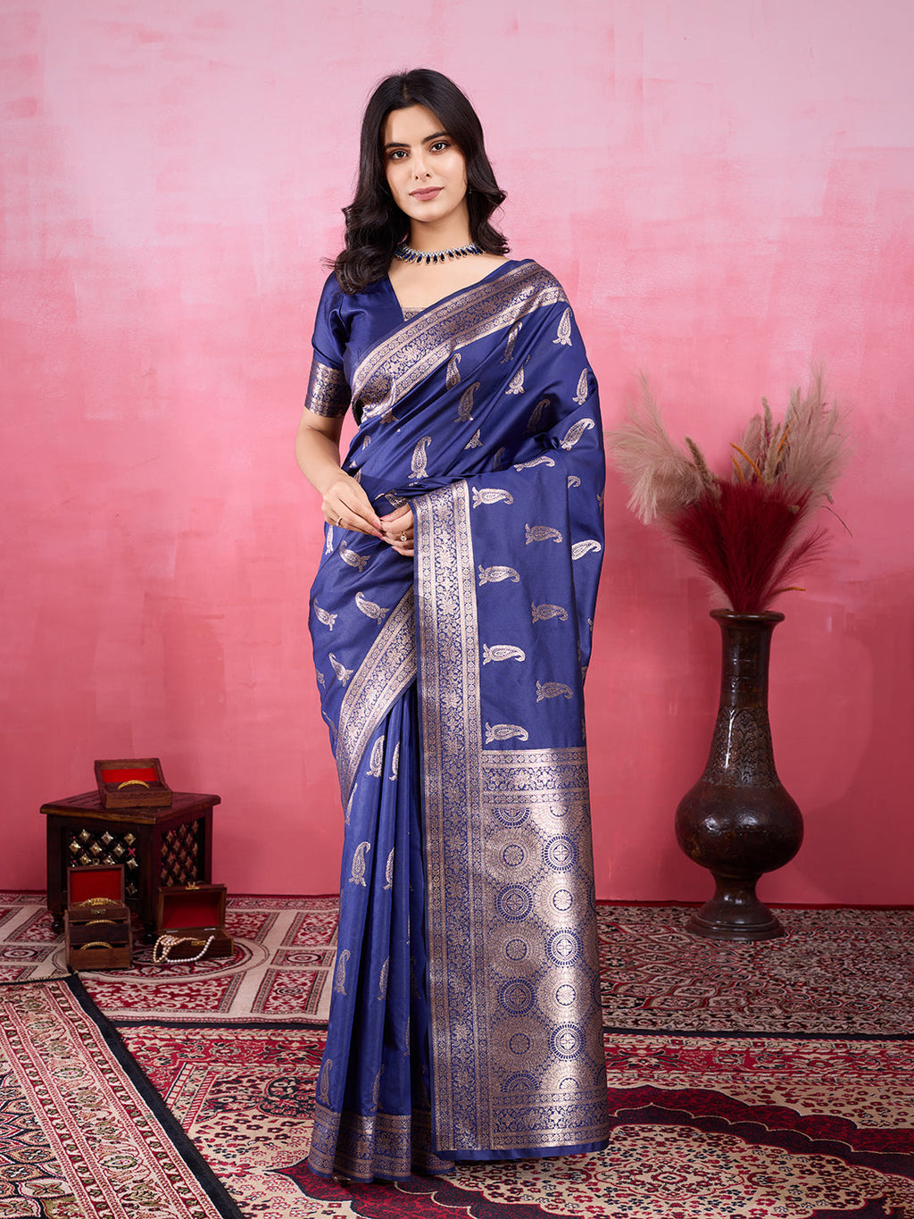 Vedant Vastram Banarasi Silk Fashion Saree - Navy | Grocsy