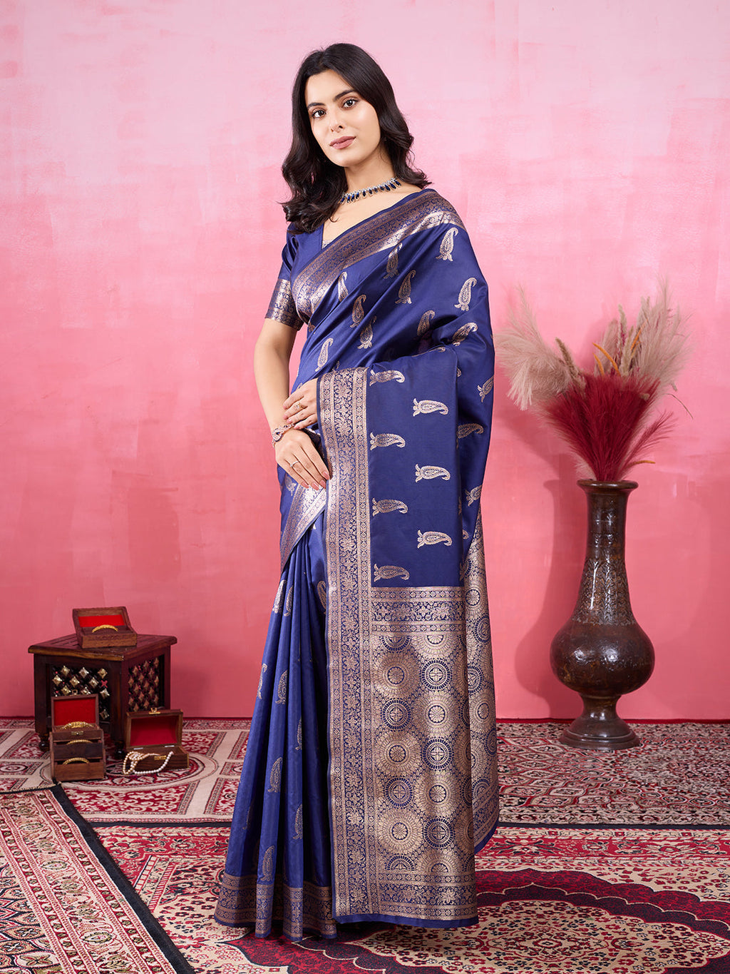 Vedant Vastram Banarasi Silk Fashion Saree - Navy | Grocsy