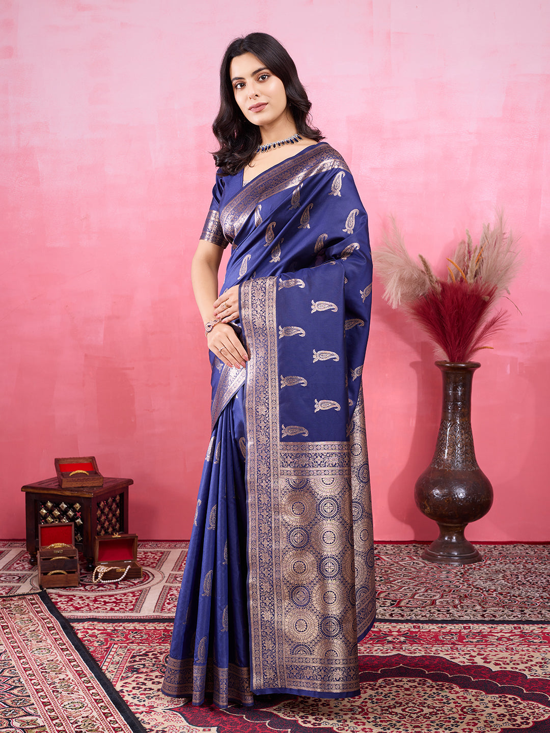 Vedant Vastram Banarasi Silk Fashion Saree - Navy | Grocsy