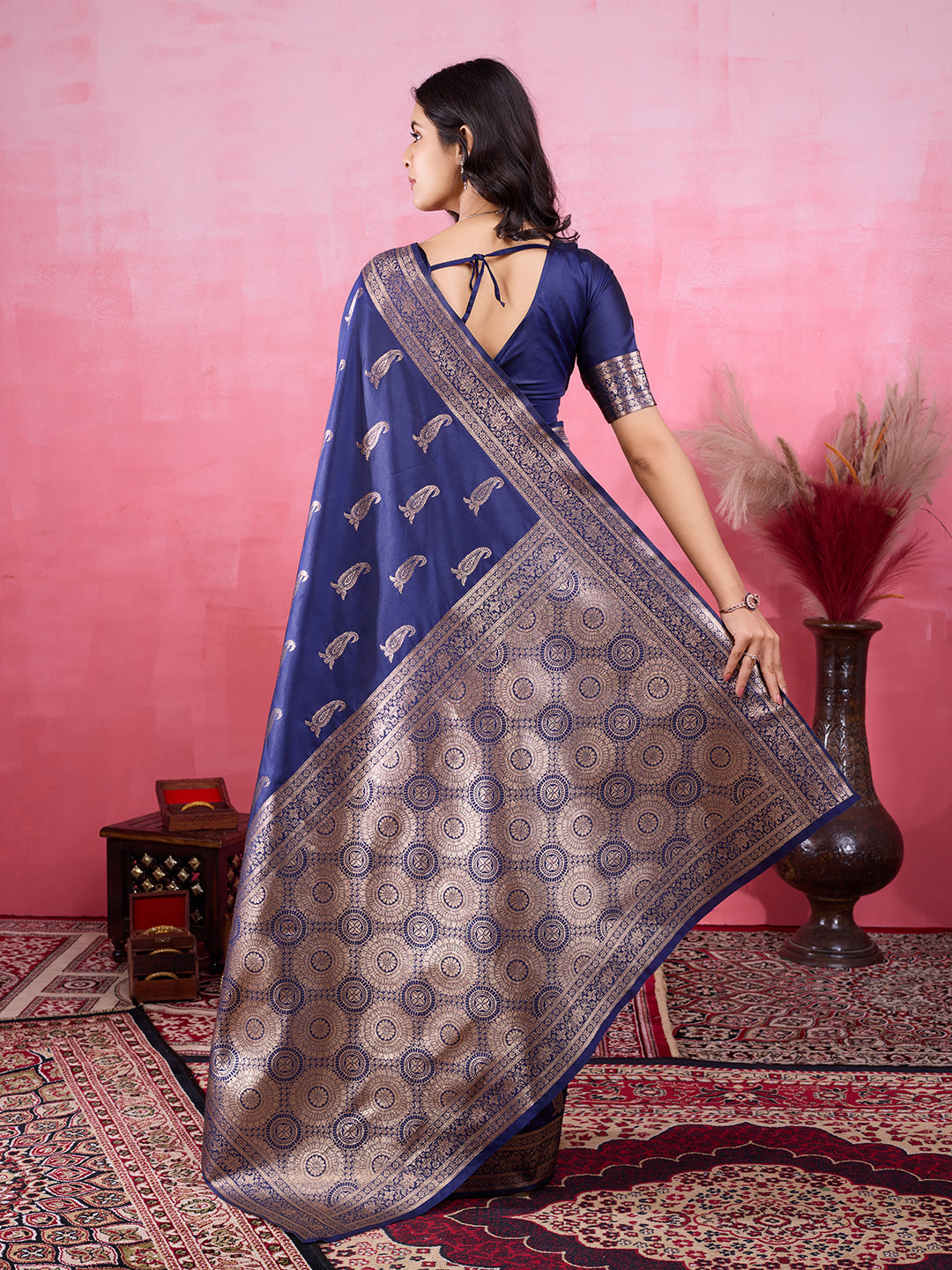 Vedant Vastram Banarasi Silk Fashion Saree - Navy | Grocsy