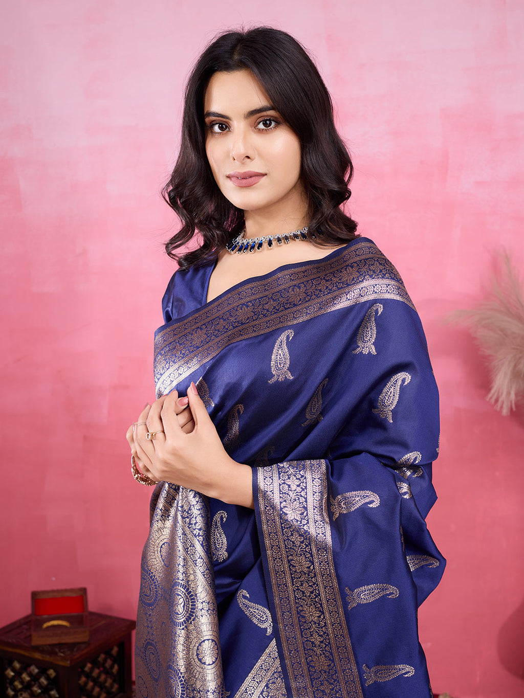 Vedant Vastram Banarasi Silk Fashion Saree - Navy | Grocsy