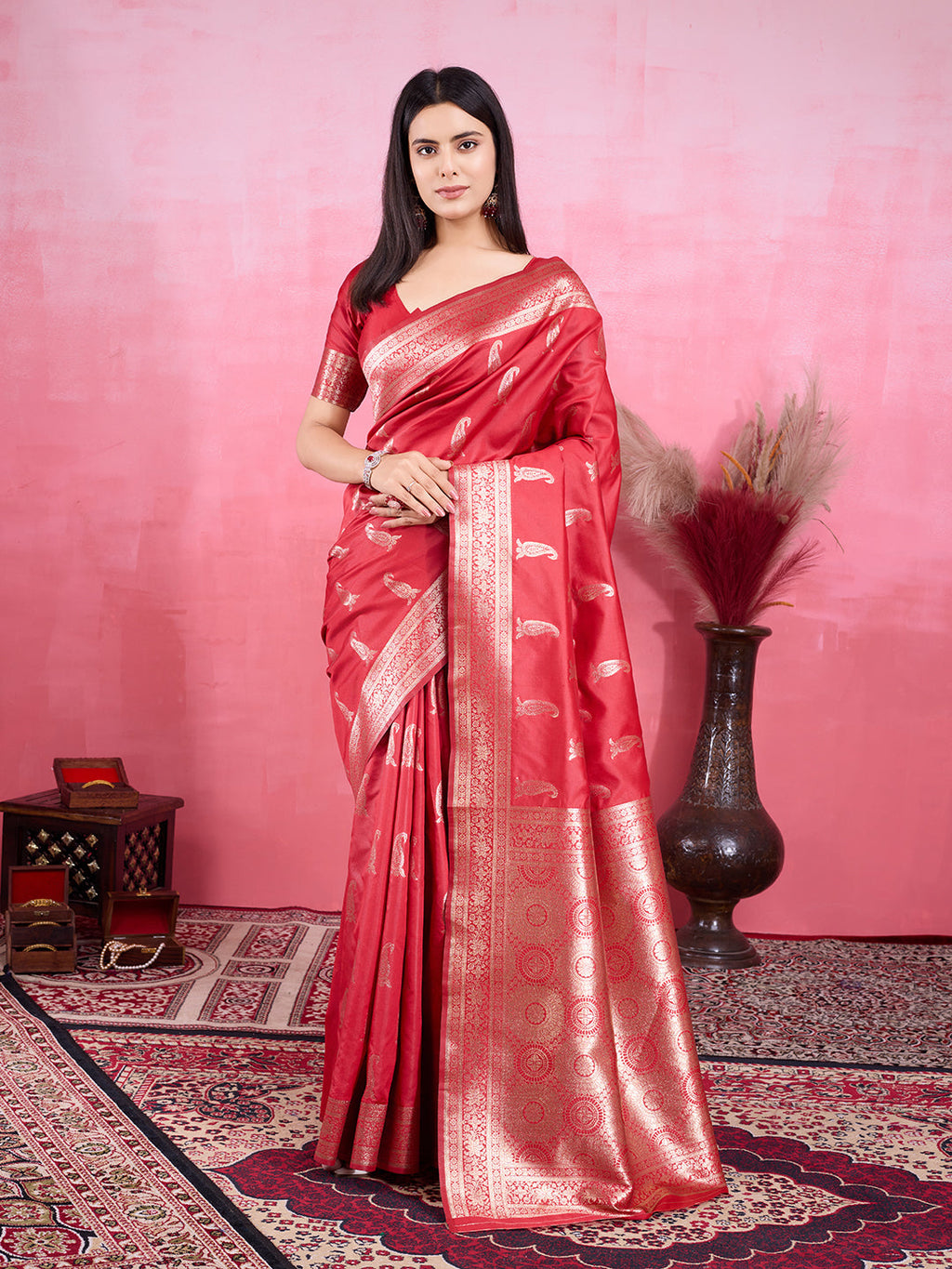 Vedant Vastram Banarasi Silk Fashion Saree - Red | Grocsy