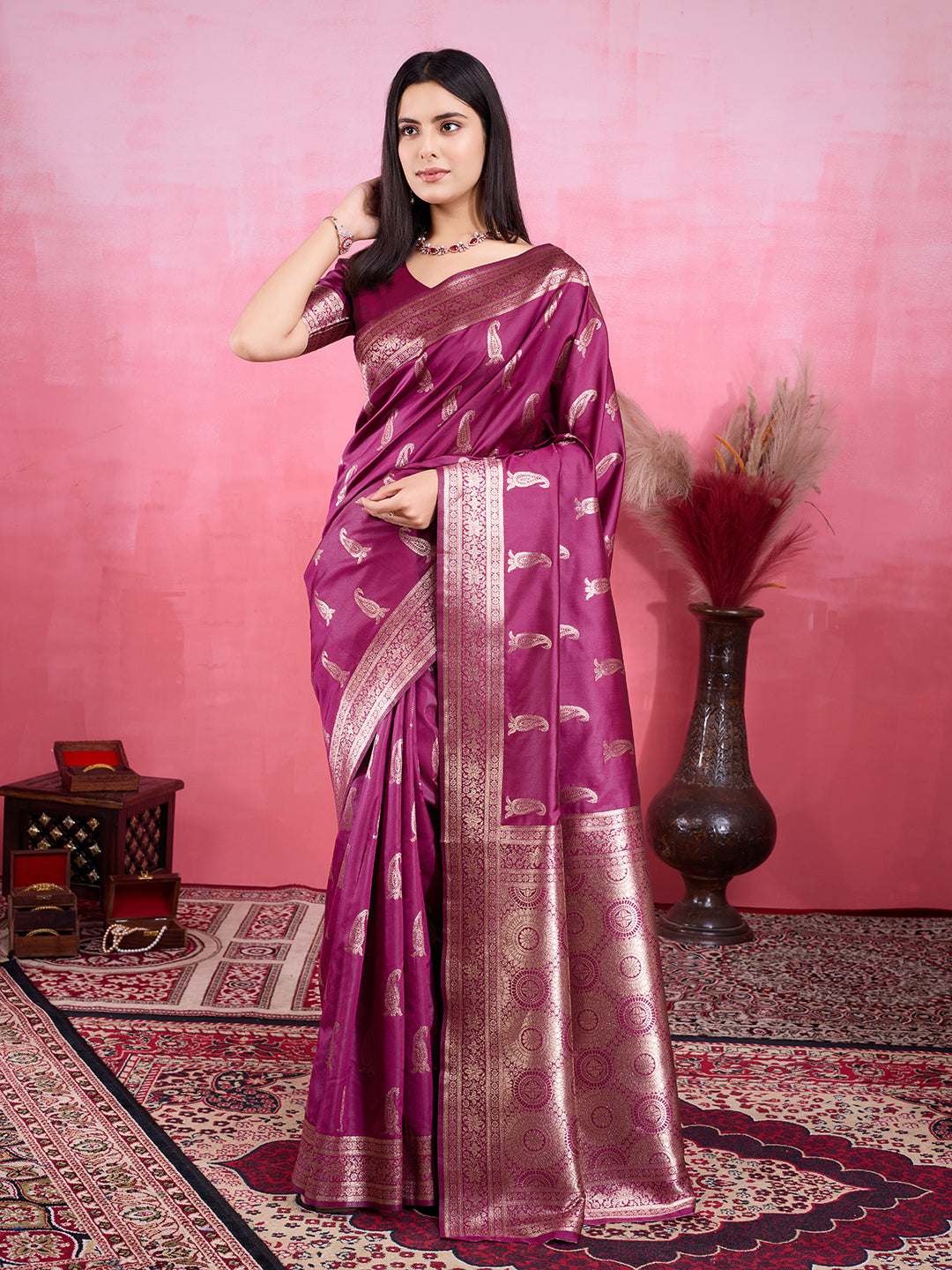 Vedant Vastram Banarasi Silk Fashion Saree - Wine | Grocsy