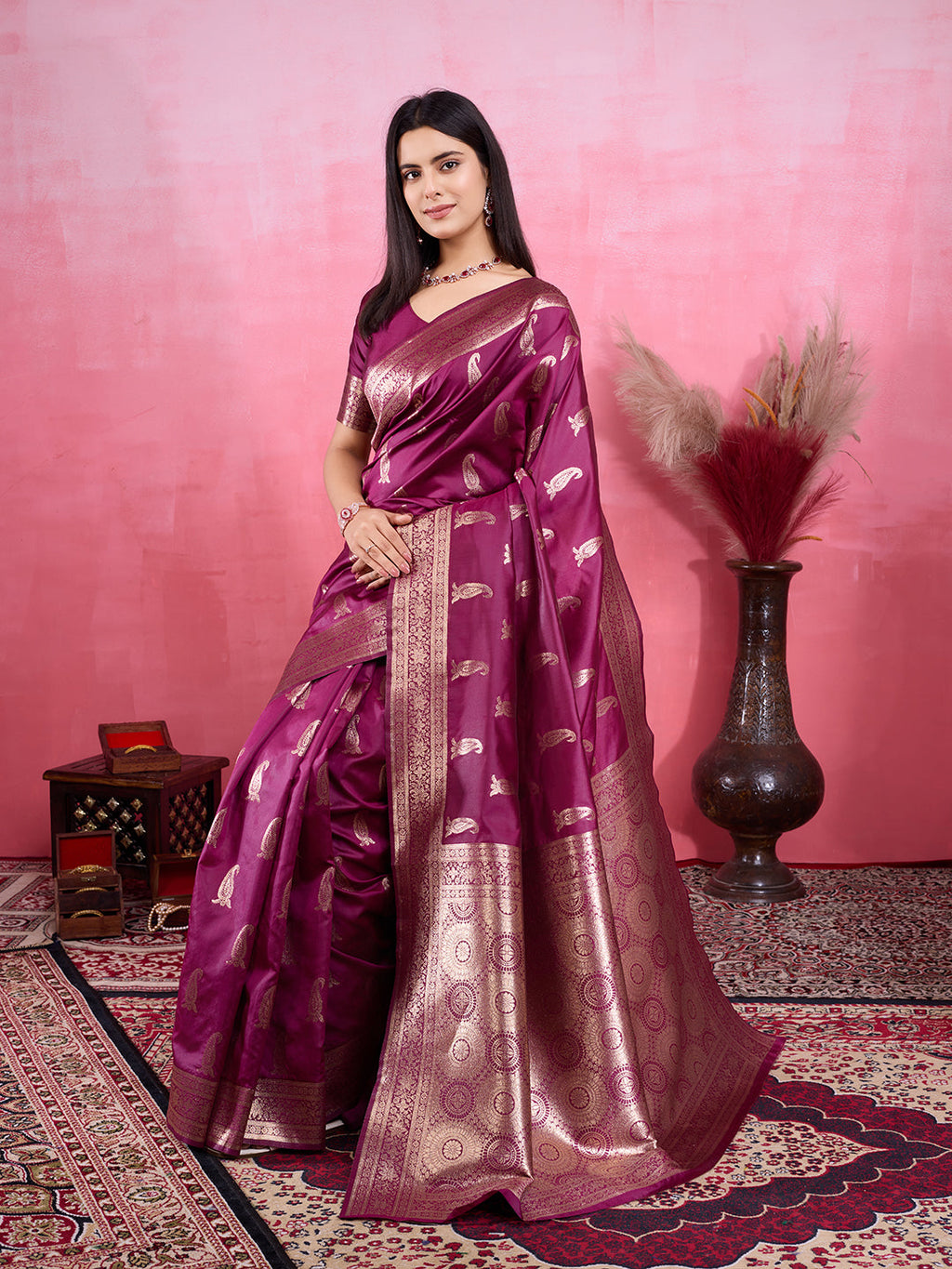 Vedant Vastram Banarasi Silk Fashion Saree - Wine | Grocsy