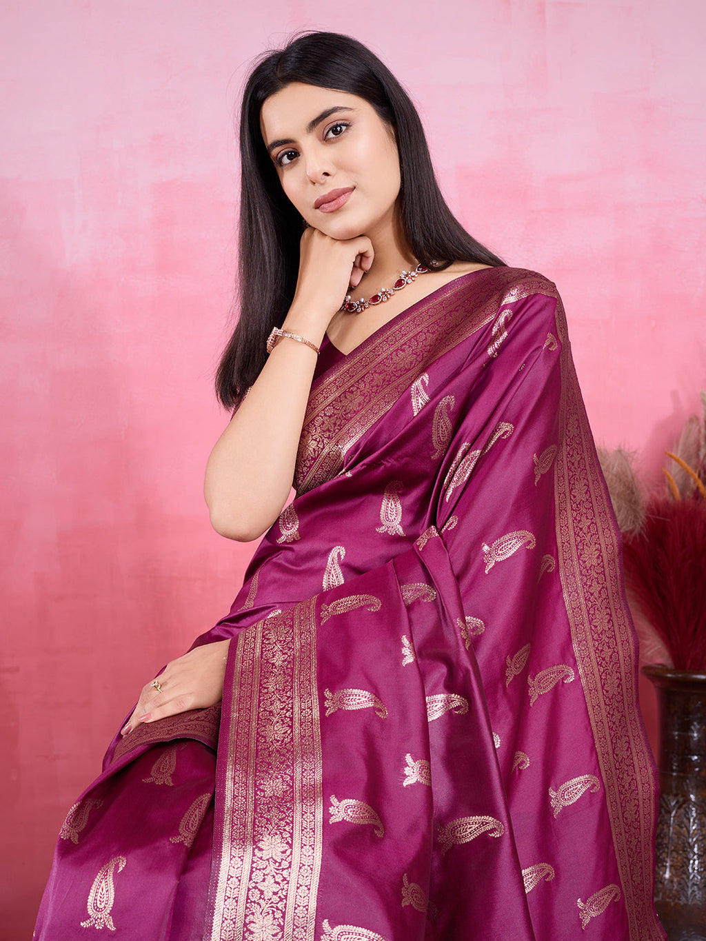 Vedant Vastram Banarasi Silk Fashion Saree - Wine | Grocsy