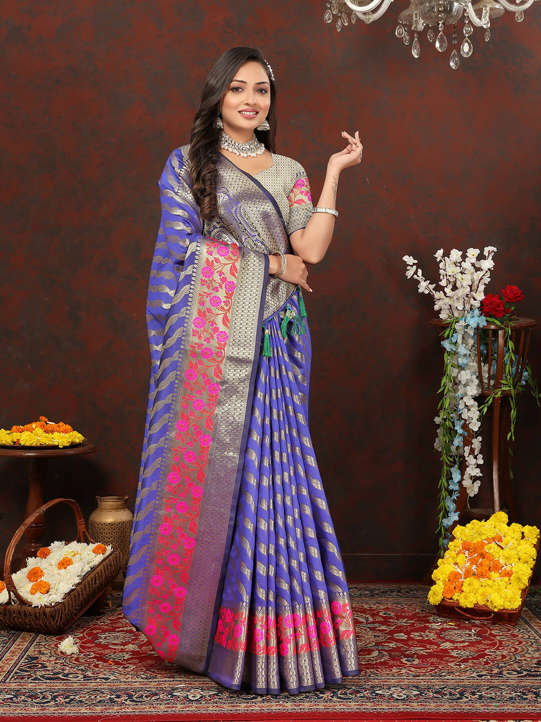Lorenvalley Fashion Purple Soft Silk Woven Design with Zari Weaving Leheriya Design Saree | Grocsy
