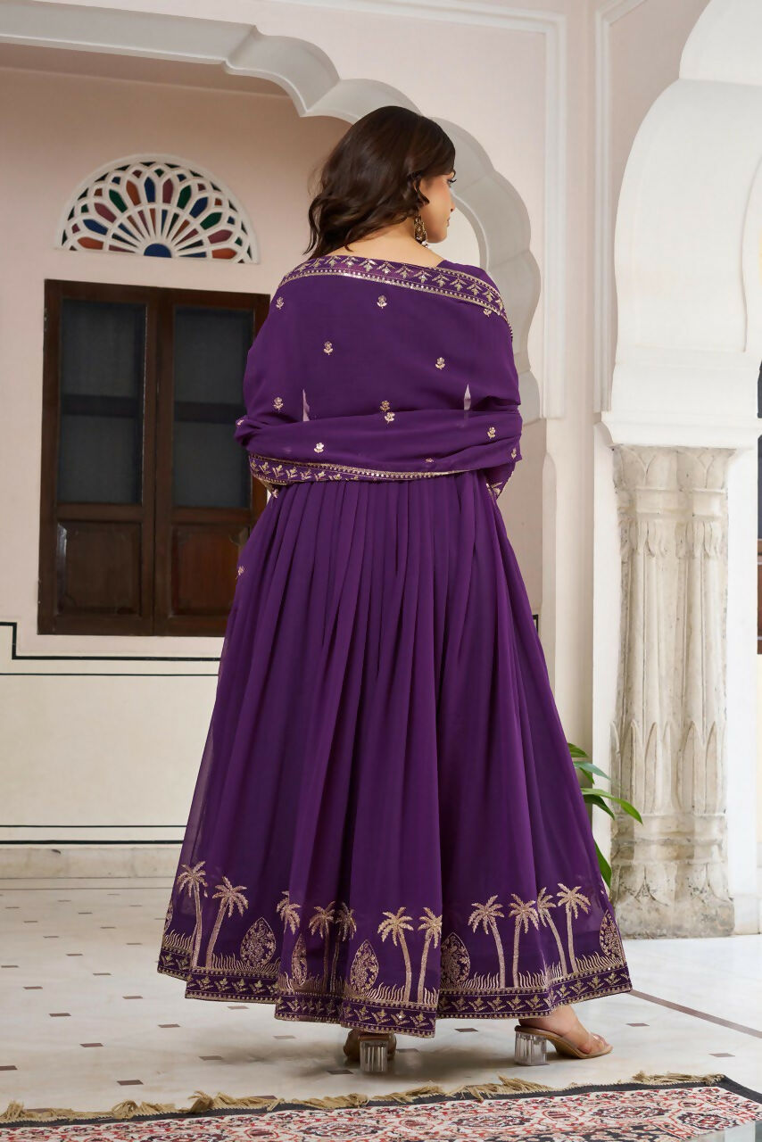 The52 Women's Gorgeous Faux Georgette Fabric Embroidery Work Flared Anarkali Pant and Dupatta Set | Grocsy