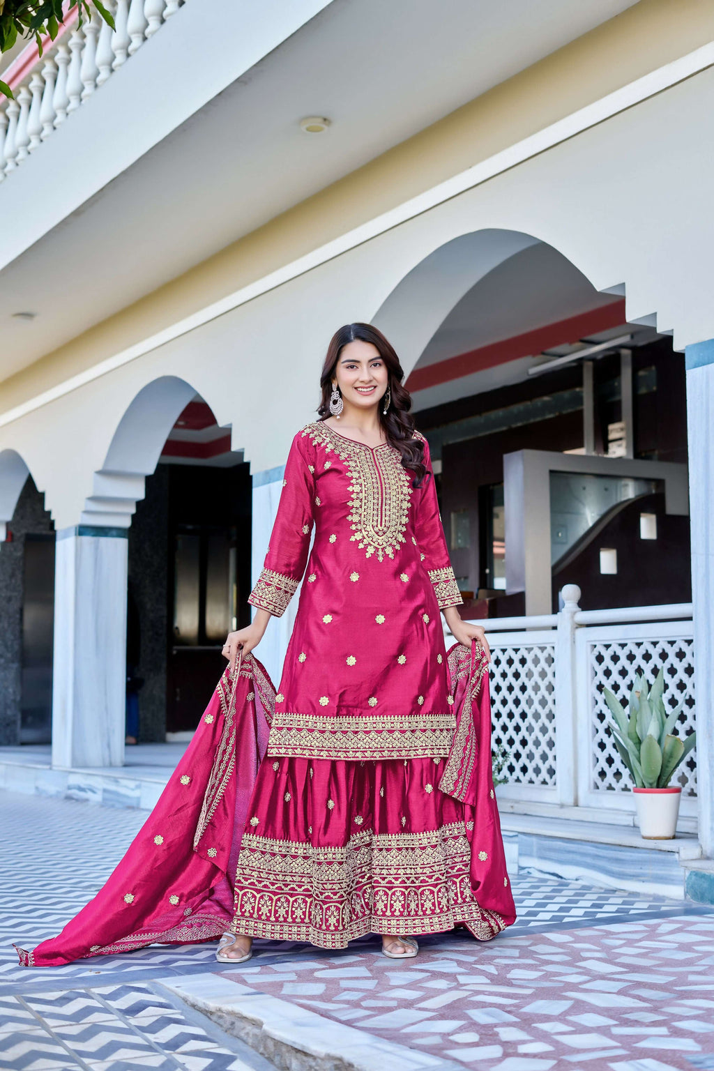 Teeya Creation Pink Color Chinon Silk Heavy Embroidery Work Wedding Wear Sharara | Grocsy