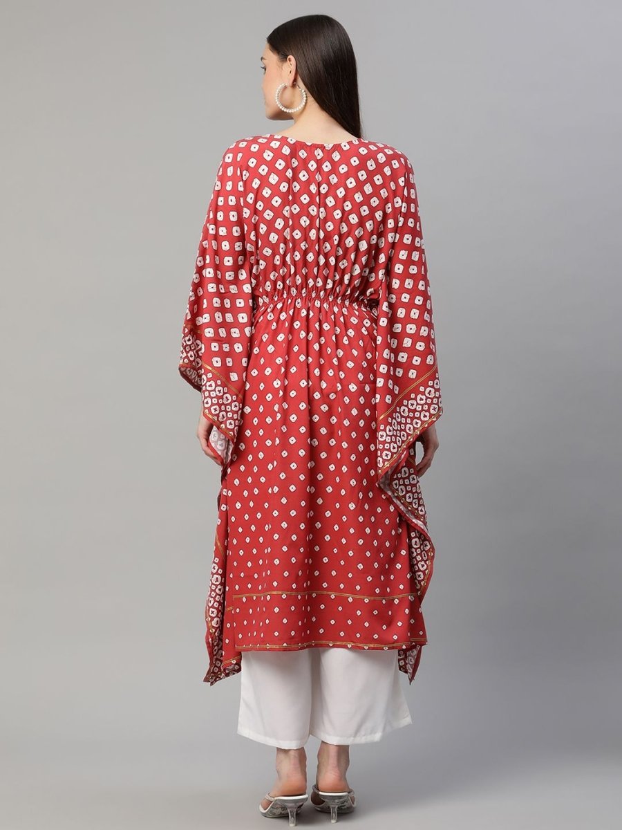 Ahalyaa Women Maroon Crepe Digital Printed Flared Sleeve Kaftan Kurta | Grocsy