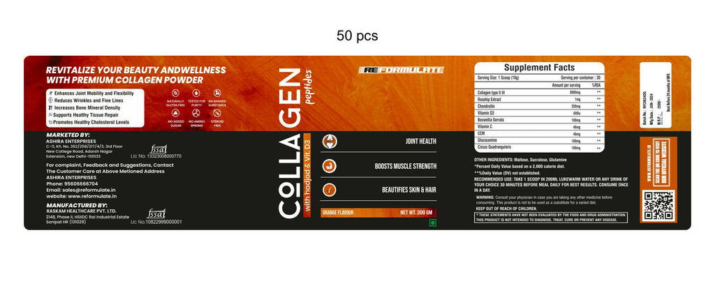 Reformulate Colla Gen Powder Peptides With Hadjod & Vitamin D3 I Joint Health I Boosts Muscle Strength I Beautifies Skin & Hair I Orange | Grocsy