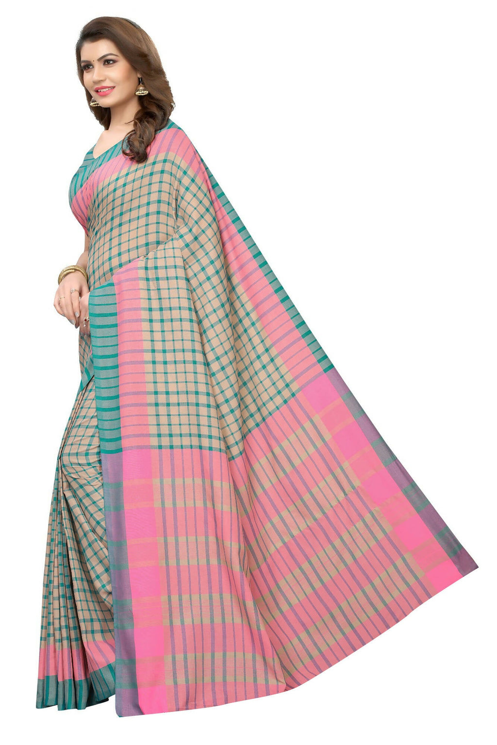 Vamika Cream Cotton Silk Weaving Saree (Terra Checks Rama) | Grocsy