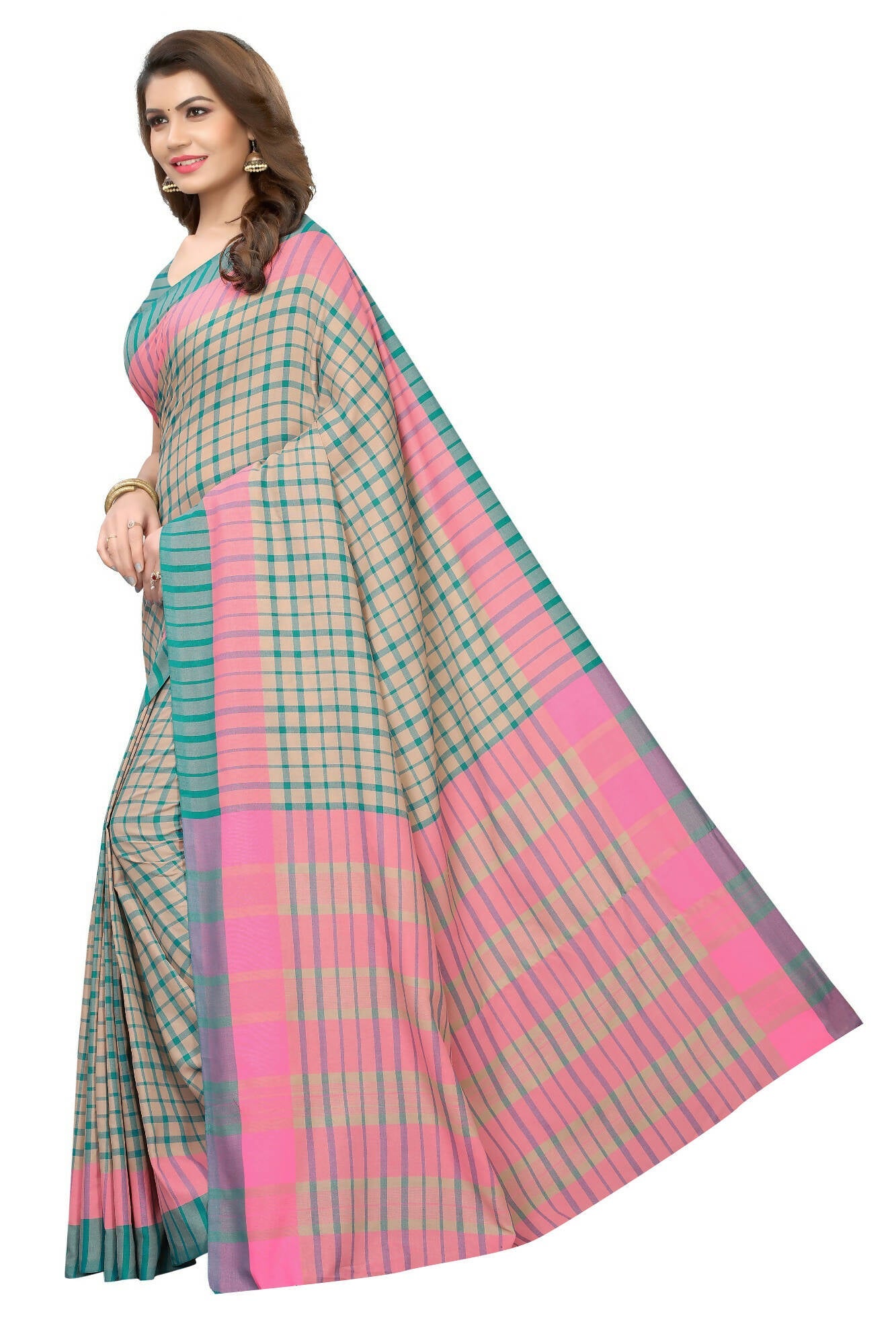 Vamika Cream Cotton Silk Weaving Saree (Terra Checks Rama) | Grocsy