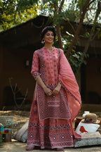 Juniper Peach Geometric Printed Pure Cotton Kurta & Palazzo Set with Lace Work | Grocsy