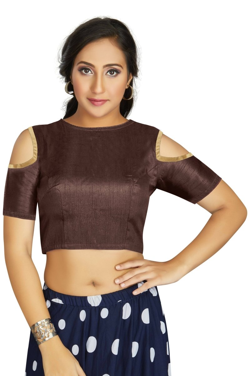Aastha Fashion Women's Coffee Art Silk Cold Shoulder Sleeve Readymade Blouse | Grocsy