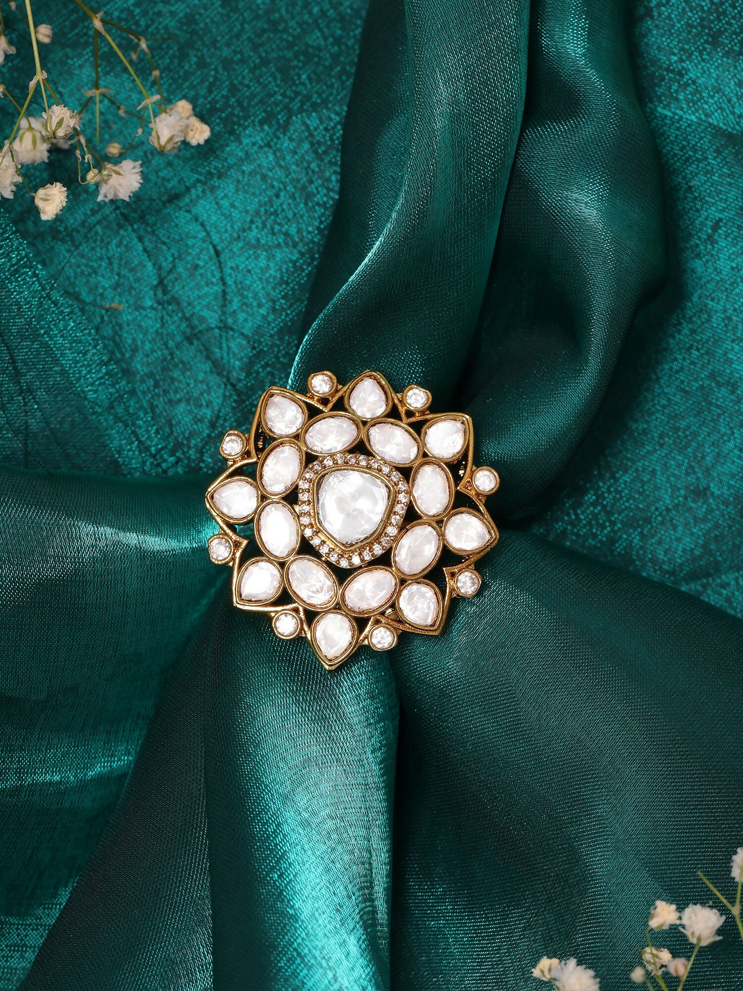 Ruby Raang Traditional Gold Polished White Kundan Ring | Grocsy