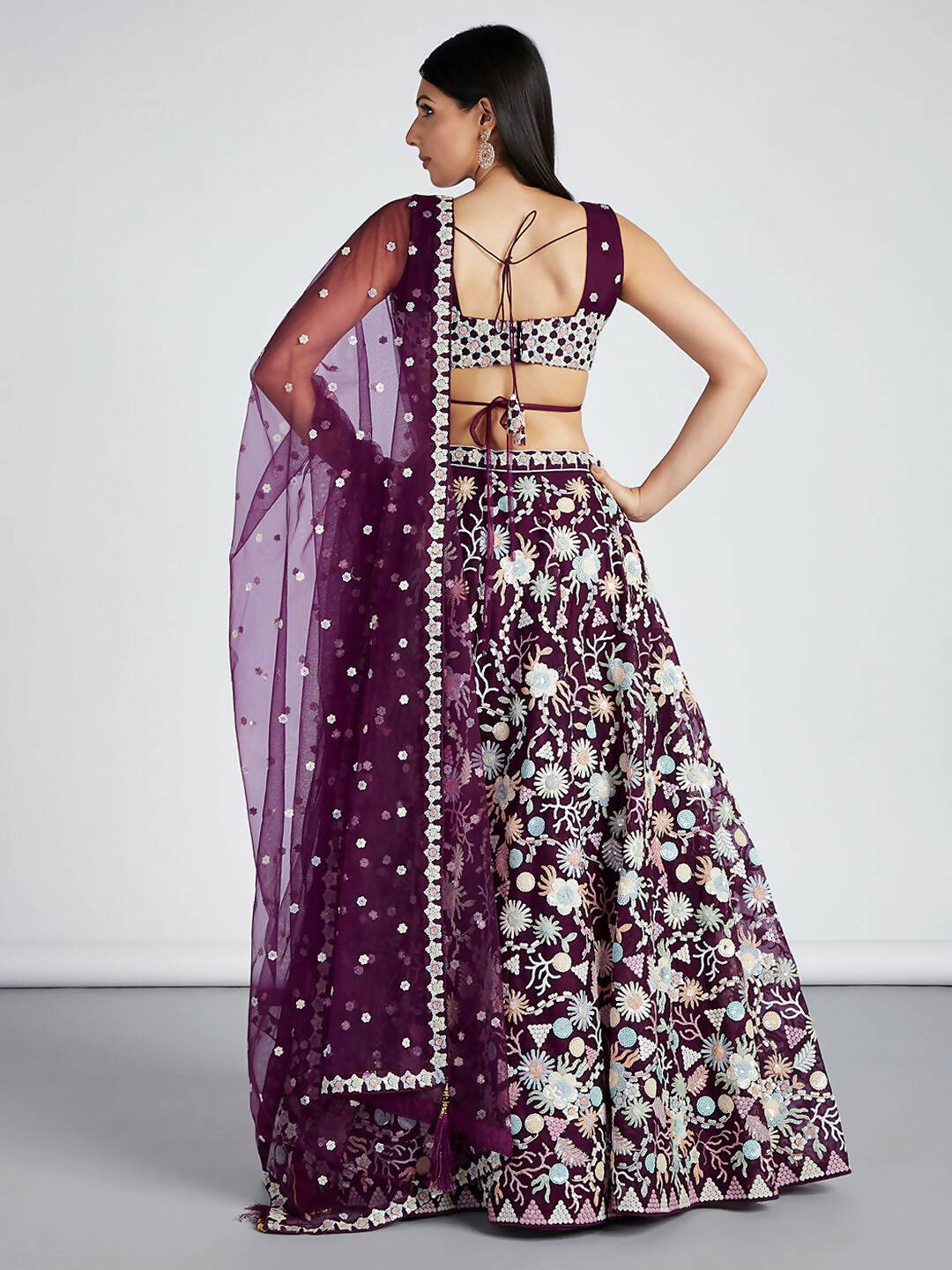 House of Panchhi Burgundy Net heavy Sequinse embroidery Semi-Stitched Lehenga choli & Dupatta | Grocsy