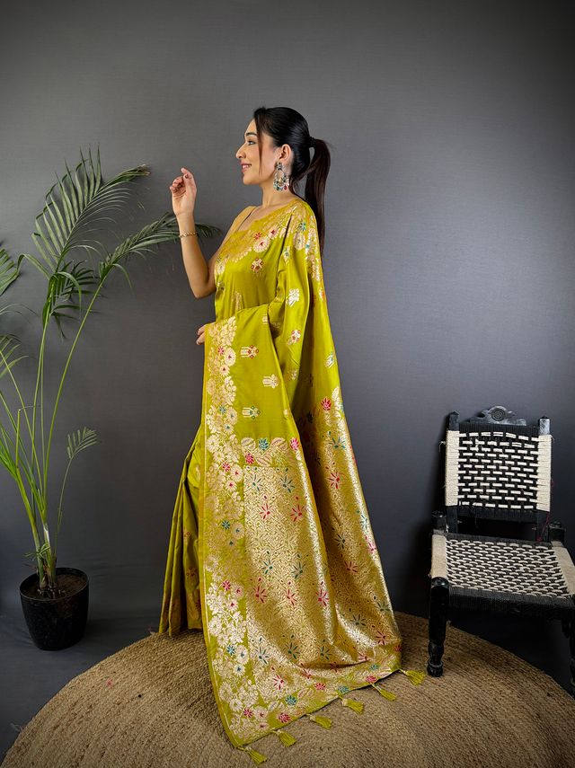 Elora Lime Green Soft Silk Floral Zari Weaving Meenakari Saree With Floral Border | Grocsy
