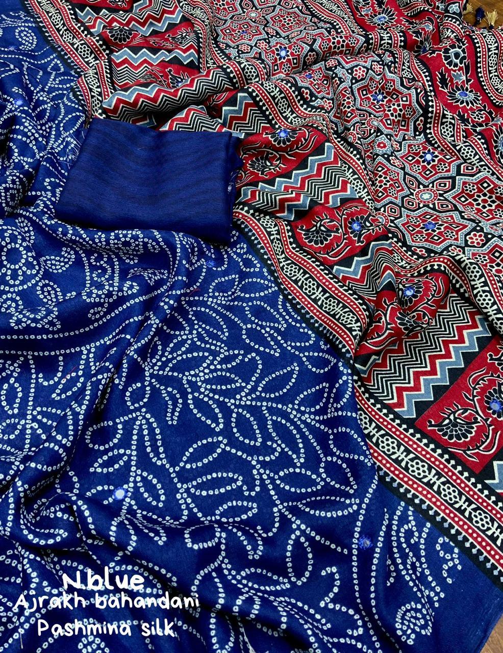 Blue Silk Blend Ajrak Saree with Unstitched Blouse - Hiral Fashion | Grocsy
