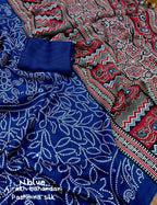 Blue Silk Blend Ajrak Saree with Unstitched Blouse - Hiral Fashion | Grocsy