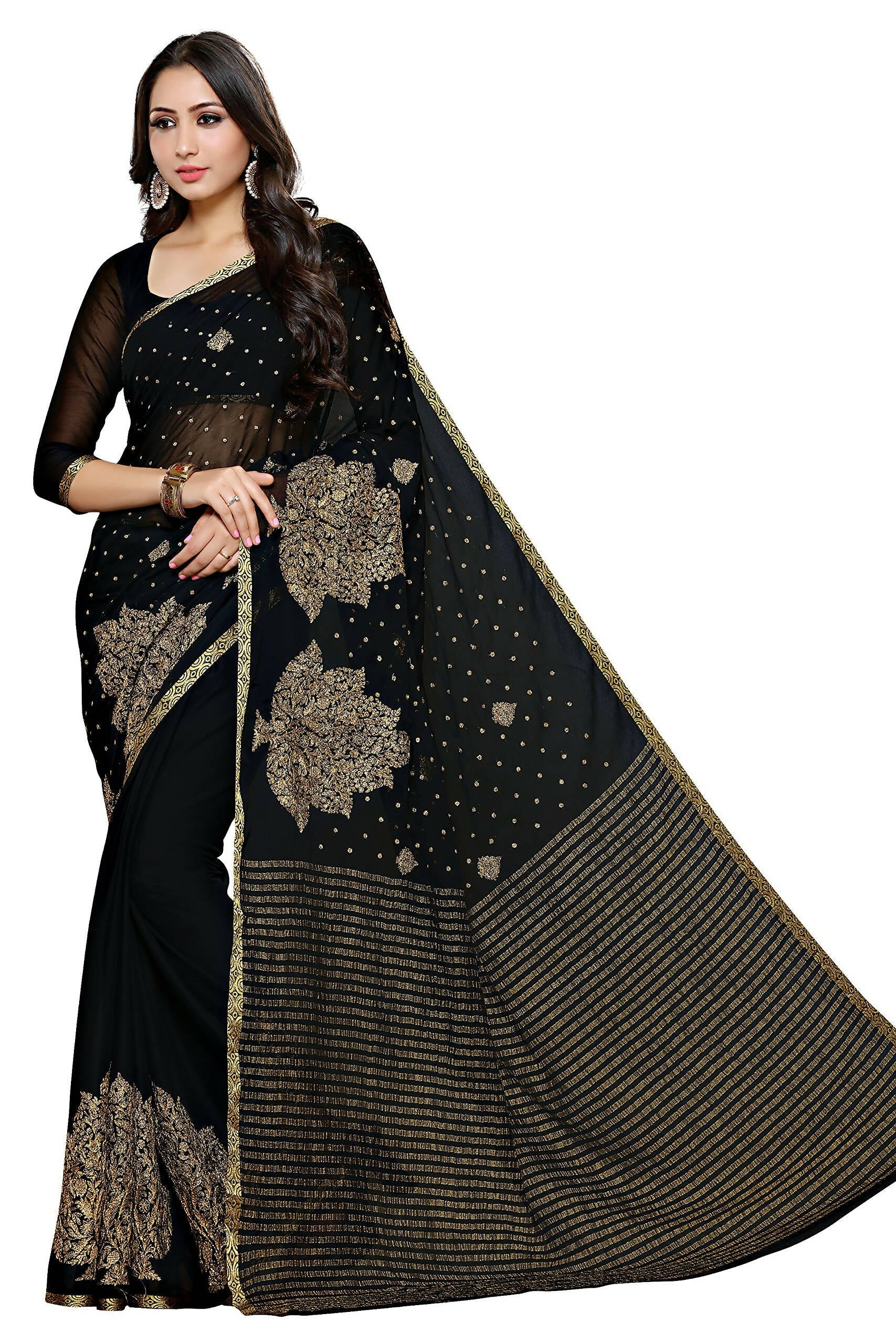Mimosa Women's Banarasi Chiffon Black Saree | Grocsy