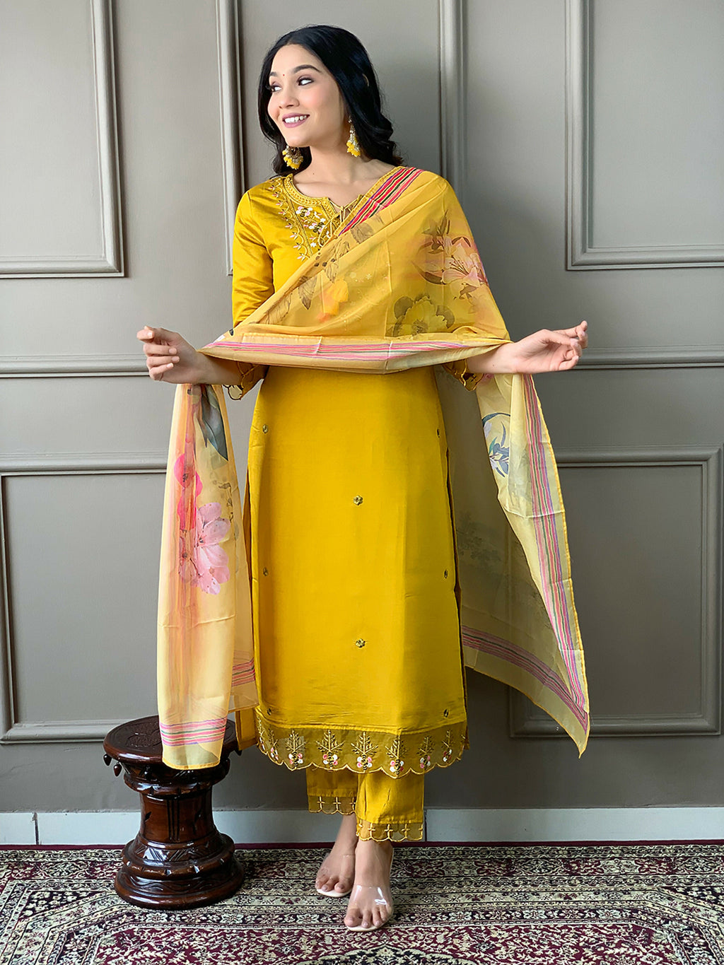 Partywear Designer Chanderi Mustard Stitched Suit With Dupatta - Tanisha | Grocsy