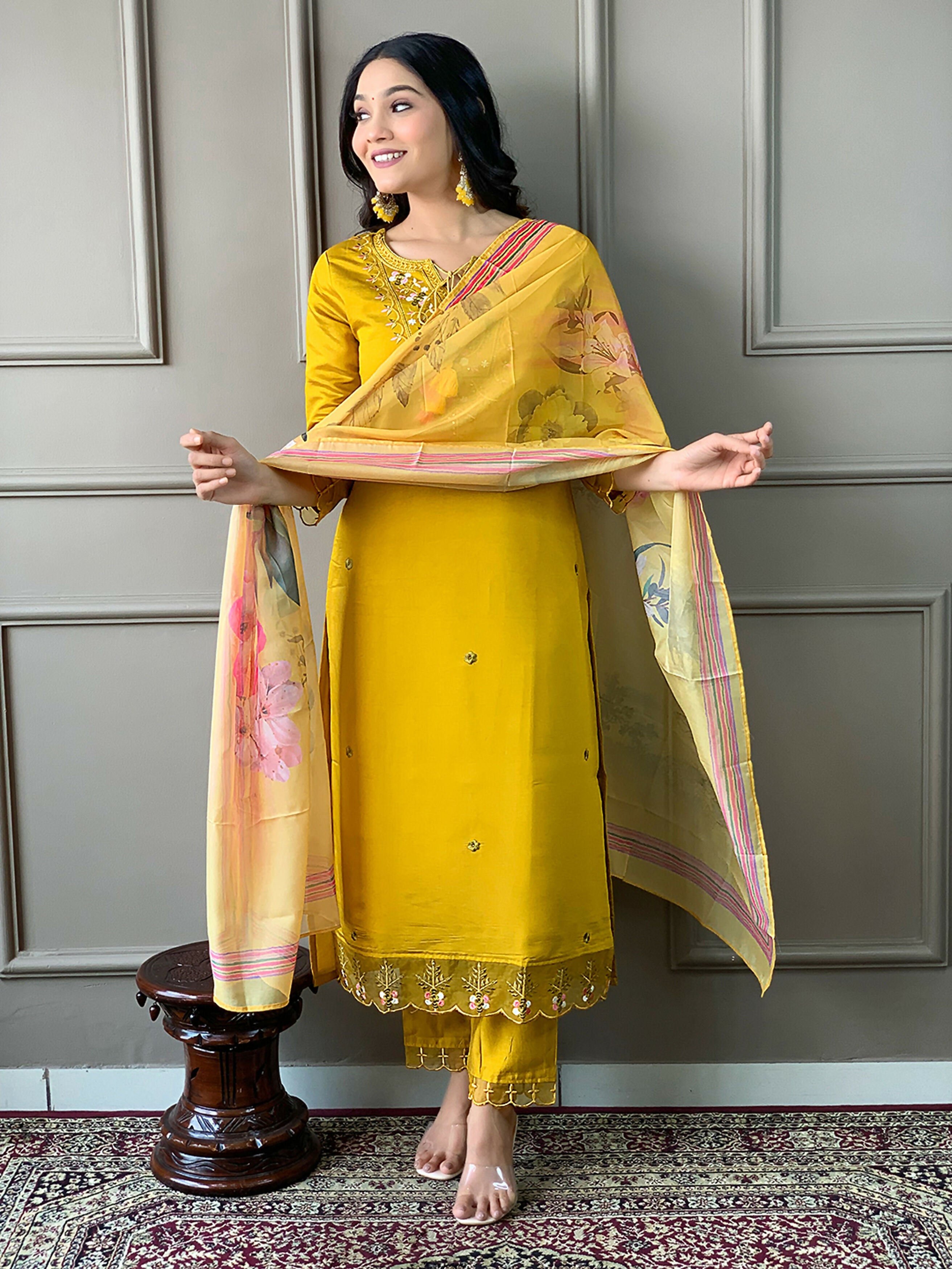 Partywear Designer Chanderi Mustard Stitched Suit With Dupatta - Tanisha | Grocsy