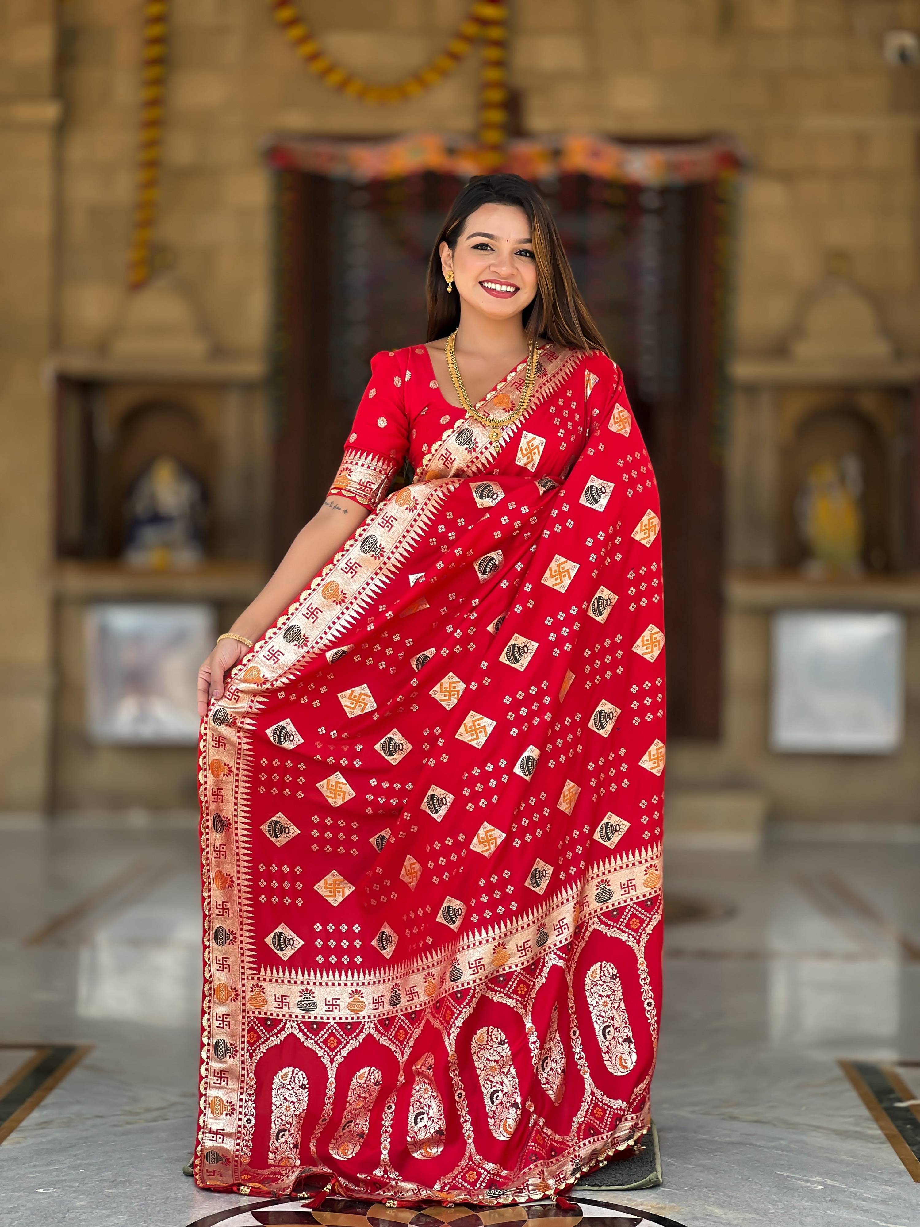 Vedant Vastram Soft Dola Silk Fancy Jacquard Bollywood Saree - Red | Grocsy