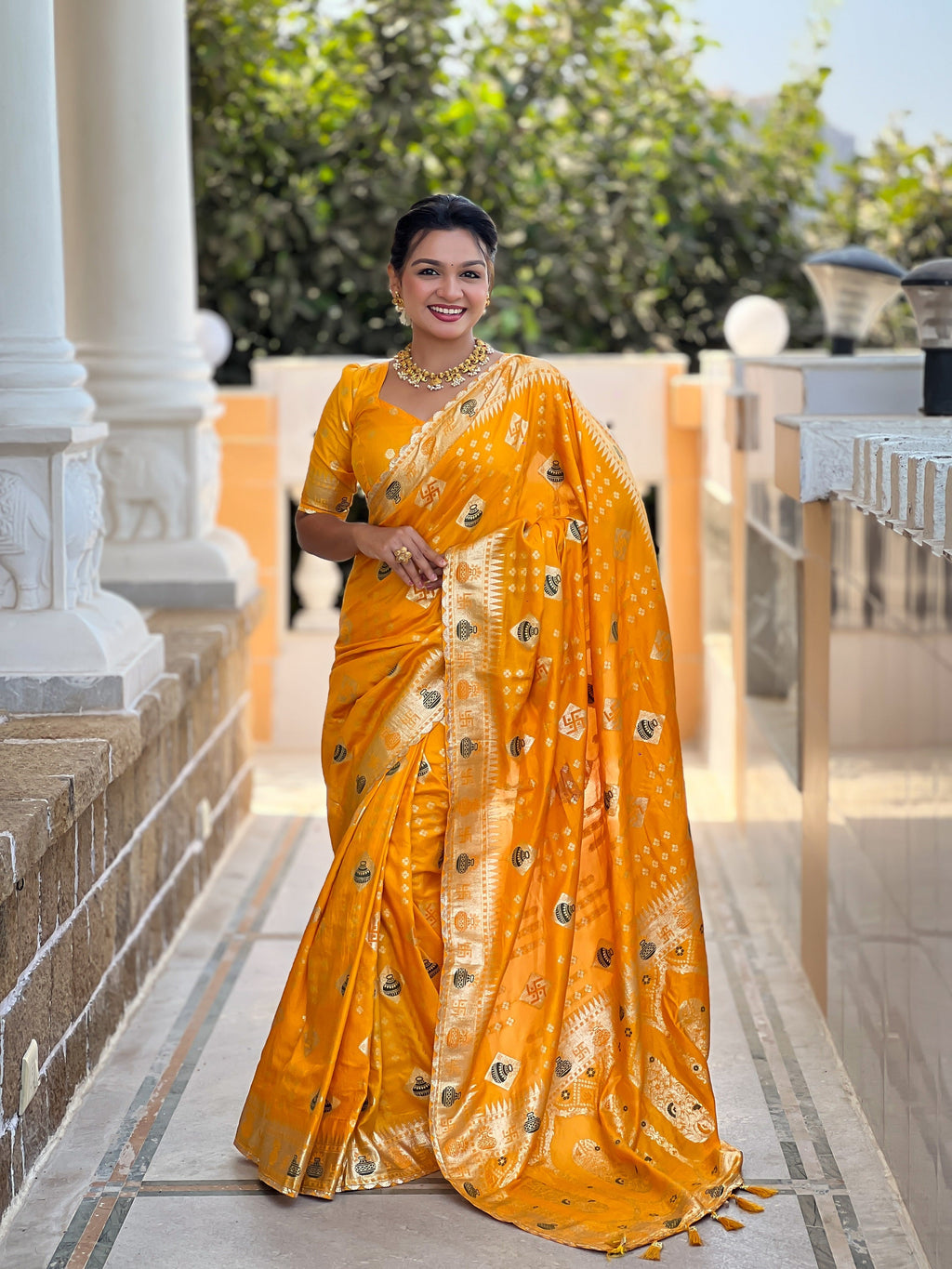 Vedant Vastram Soft Dola Silk Fancy Jacquard Bollywood Saree - Yellow | Grocsy