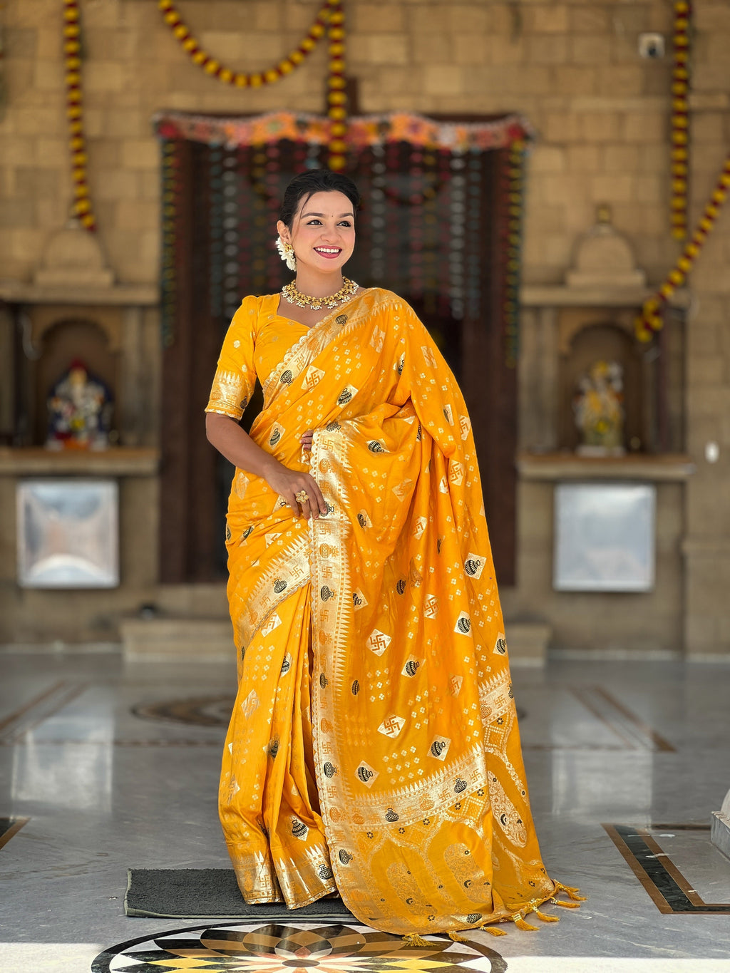 Vedant Vastram Soft Dola Silk Fancy Jacquard Bollywood Saree - Yellow | Grocsy