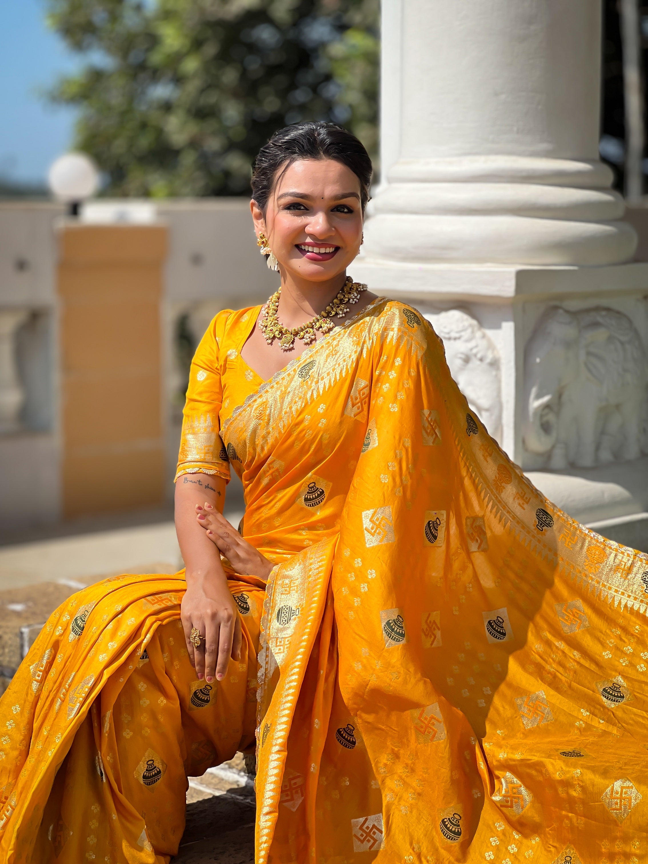 Vedant Vastram Soft Dola Silk Fancy Jacquard Bollywood Saree - Yellow | Grocsy