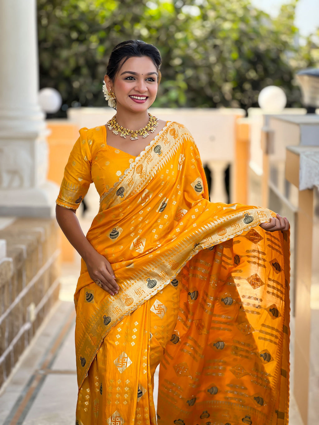 Vedant Vastram Soft Dola Silk Fancy Jacquard Bollywood Saree - Yellow | Grocsy