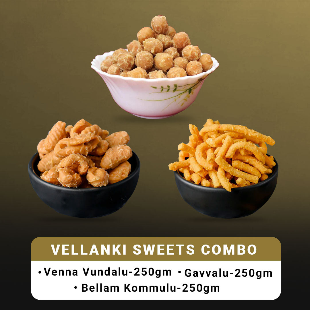 Vellanki Foods Andhra Sweets Combo (250 gm Each) - Venna Vundalu, Gavvalu, Bellam Kommulu | Grocsy