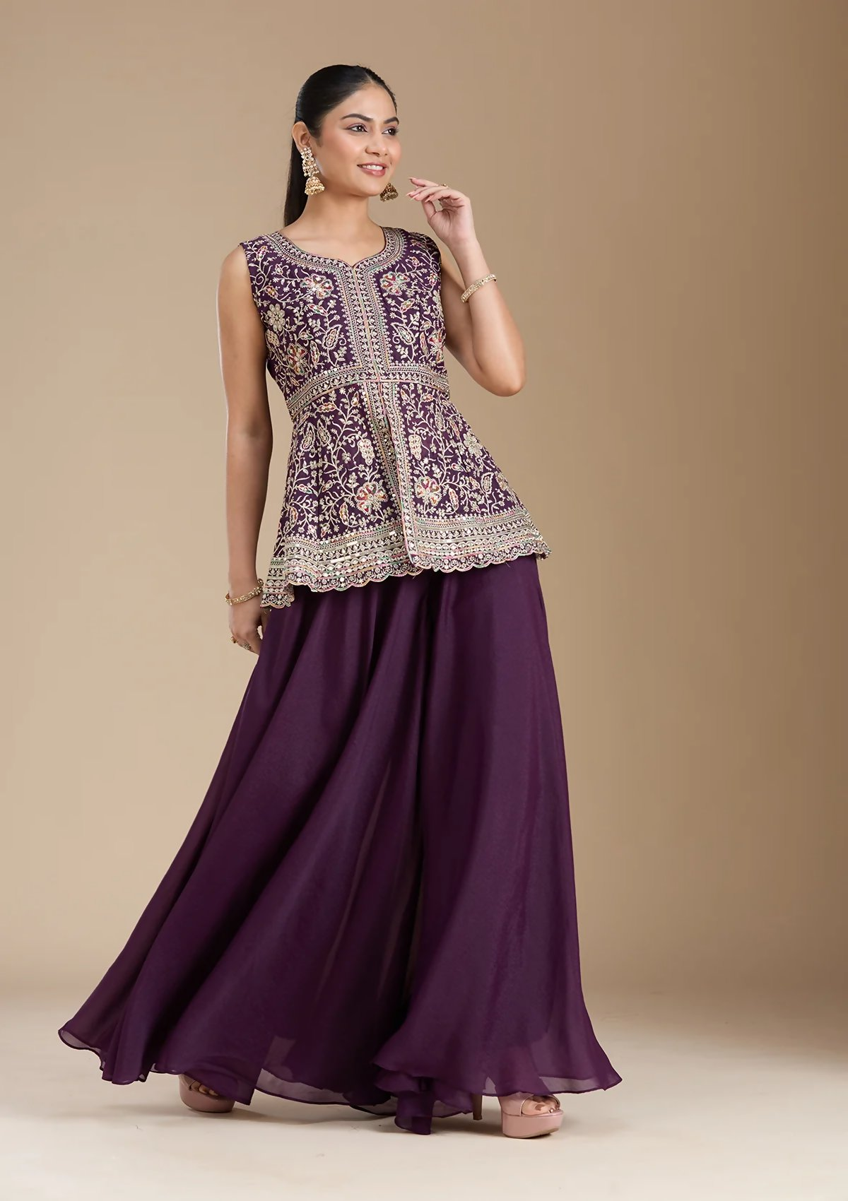 Teeya Creation WIne Color Star Georgette Party Wear Designer Peplum Sharara Set | Grocsy