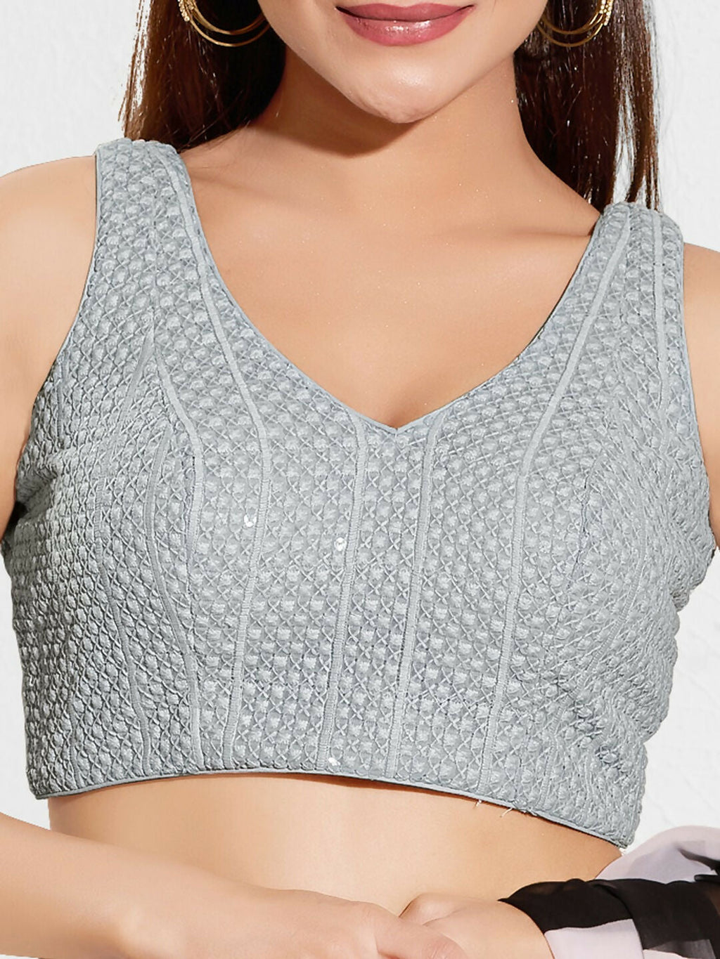 Joban Fashion Grey Sequence Padded Blouse With V Neck Sleeveless | Grocsy