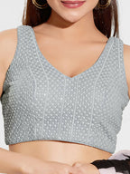 Joban Fashion Grey Sequence Padded Blouse With V Neck Sleeveless | Grocsy