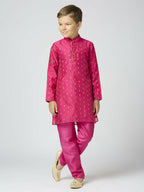 Joban Fashion Kids Island Full Sleeves Chanderi Kurta, Pyjama Set with Traditional Butta Work - Rani Pink | Grocsy