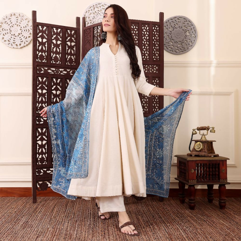 The52 Women's Beautiful Solid Chanderi Silk Fabric Flared Anarkali Pant and Dupatta Set | Grocsy