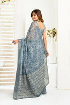 Vastranavya Sea Blue Digital Printed Linen Ready To Wear Designer Saree with Unstitched Blouse | Grocsy