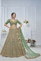 Kesar Fab Green Net Embroidered Lehenga | Grocsy